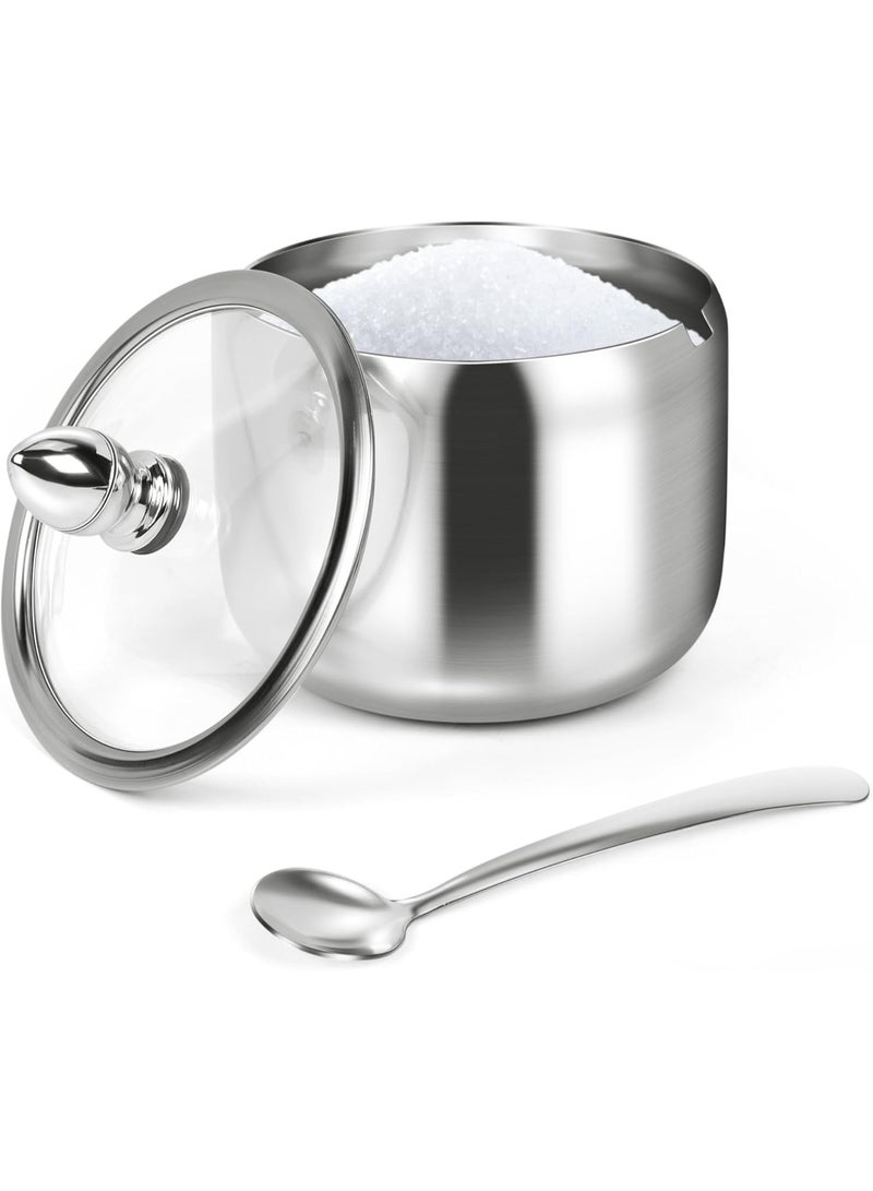 Sugar Container with Glass Lid and Spoon - 10oz Stainless Steel Sugar Bowl for Coffee Bar Station Accessories Kitchen Storage for Salt, Candy, Coffee Bean (Silver) - Image 1